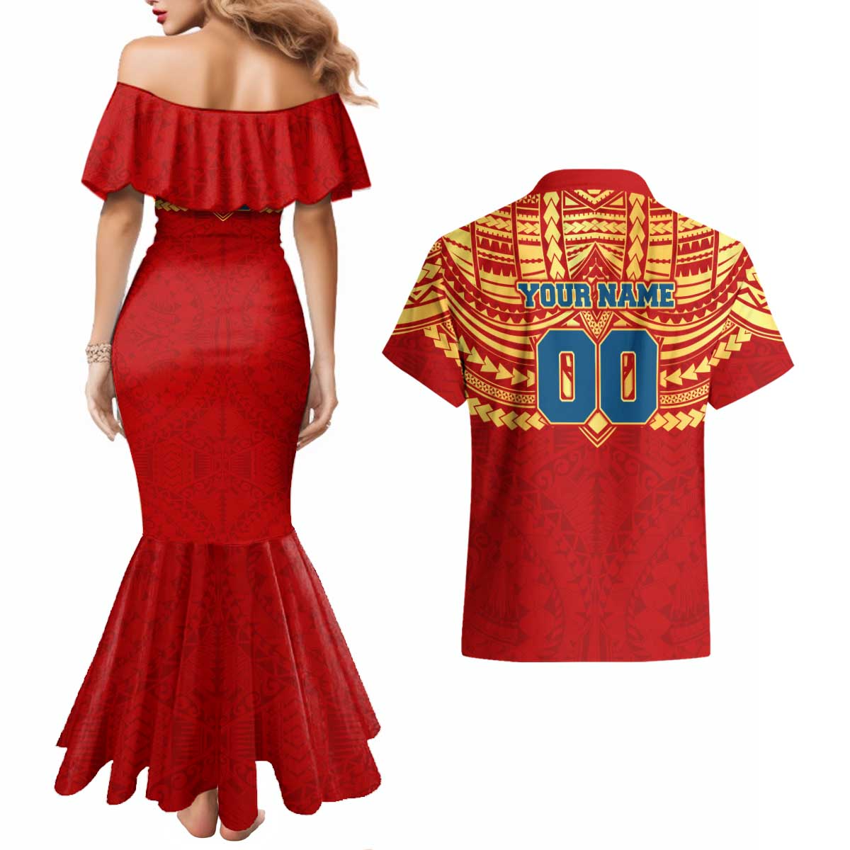 Personalized Gold Coast Suns Couples Matching Mermaid Dress and Hawaiian Shirt Polynesian Tribal Pattern Heritage Football