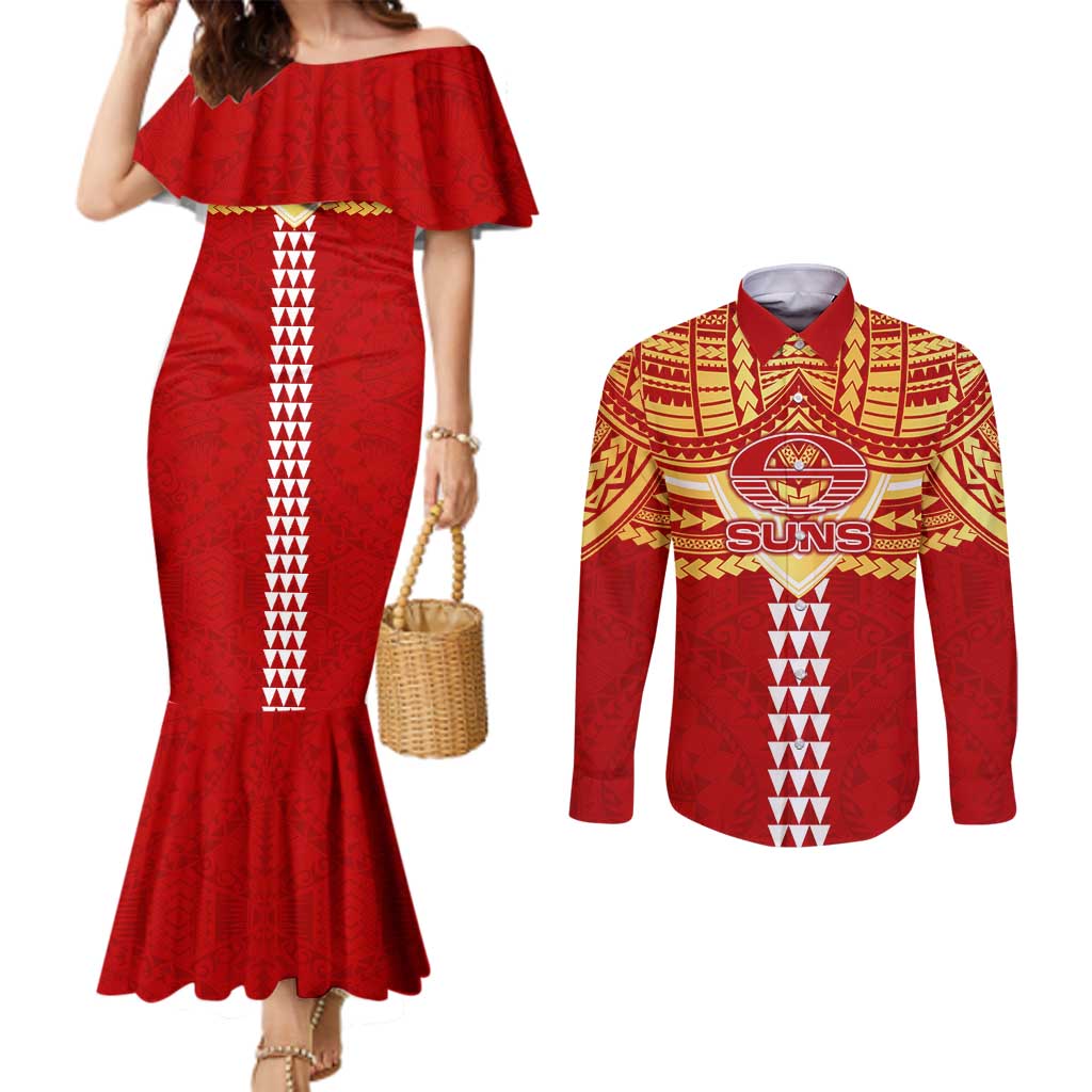Personalized Gold Coast Suns Couples Matching Mermaid Dress and Long Sleeve Button Shirt Polynesian Tribal Pattern Heritage Football
