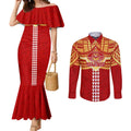 Personalized Gold Coast Suns Couples Matching Mermaid Dress and Long Sleeve Button Shirt Polynesian Tribal Pattern Heritage Football