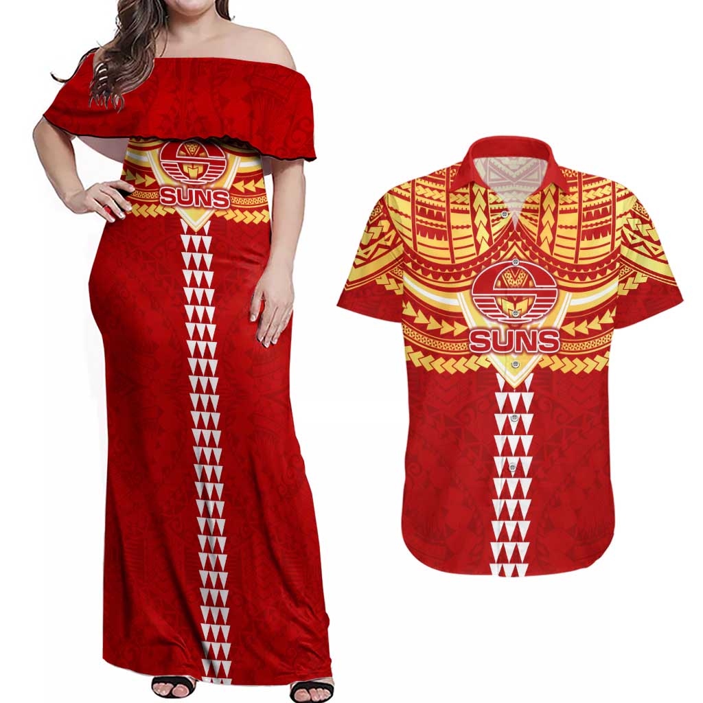 Personalized Gold Coast Suns Couples Matching Off Shoulder Maxi Dress and Hawaiian Shirt Polynesian Tribal Pattern Heritage Football