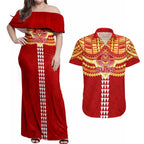 Personalized Gold Coast Suns Couples Matching Off Shoulder Maxi Dress and Hawaiian Shirt Polynesian Tribal Pattern Heritage Football
