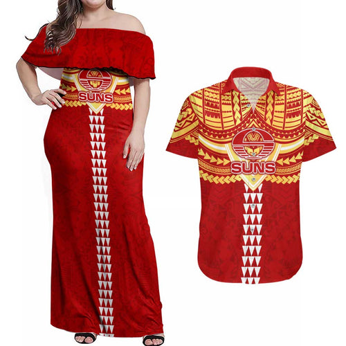 Personalized Gold Coast Suns Couples Matching Off Shoulder Maxi Dress and Hawaiian Shirt Polynesian Tribal Pattern Heritage Football
