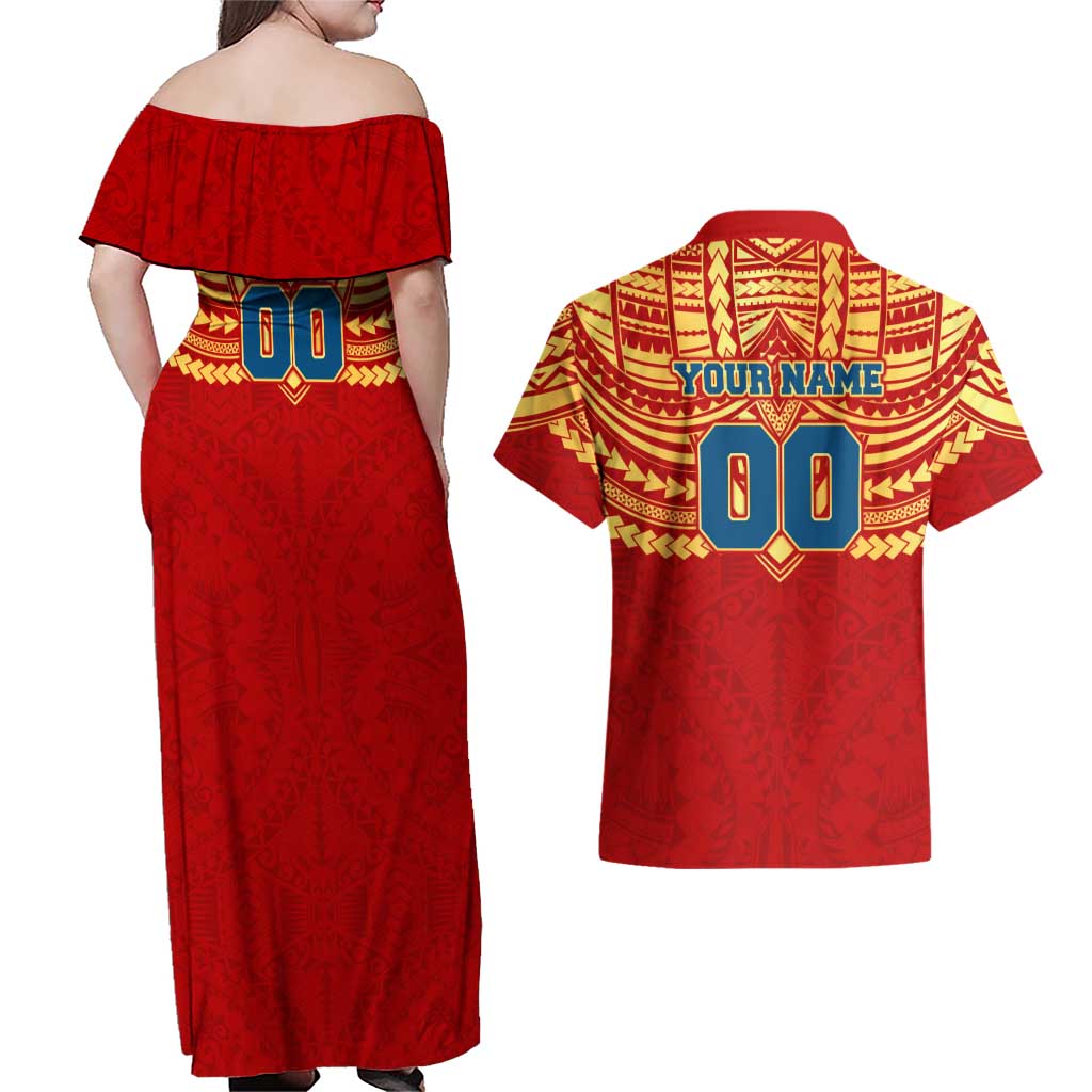 Personalized Gold Coast Suns Couples Matching Off Shoulder Maxi Dress and Hawaiian Shirt Polynesian Tribal Pattern Heritage Football