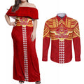 Personalized Gold Coast Suns Couples Matching Off Shoulder Maxi Dress and Long Sleeve Button Shirt Polynesian Tribal Pattern Heritage Football