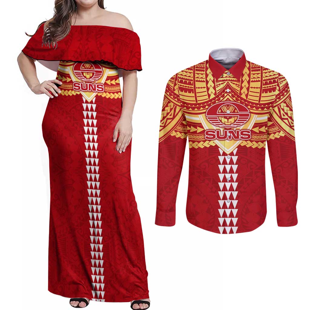 Personalized Gold Coast Suns Couples Matching Off Shoulder Maxi Dress and Long Sleeve Button Shirt Polynesian Tribal Pattern Heritage Football