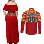 Personalized Gold Coast Suns Couples Matching Off Shoulder Maxi Dress and Long Sleeve Button Shirt Polynesian Tribal Pattern Heritage Football
