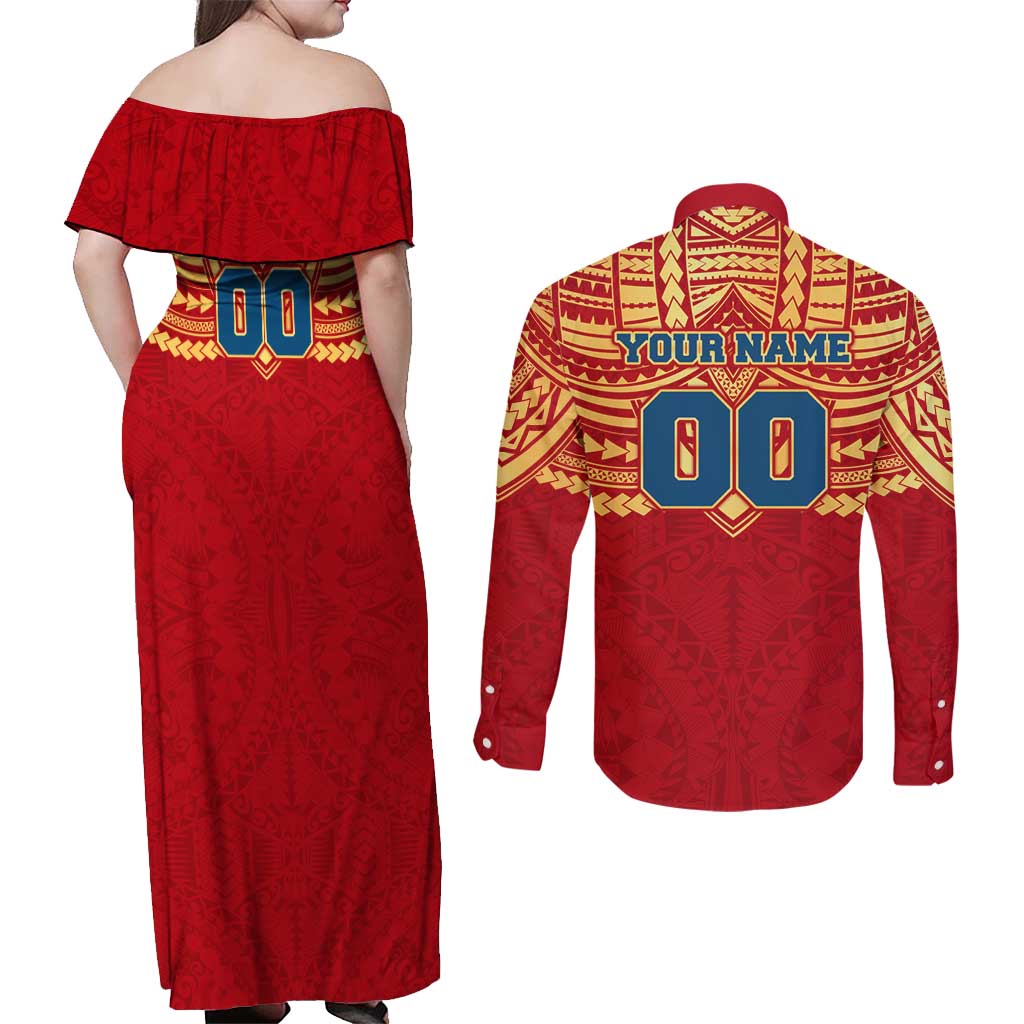 Personalized Gold Coast Suns Couples Matching Off Shoulder Maxi Dress and Long Sleeve Button Shirt Polynesian Tribal Pattern Heritage Football