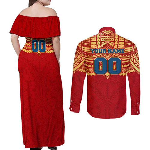 Personalized Gold Coast Suns Couples Matching Off Shoulder Maxi Dress and Long Sleeve Button Shirt Polynesian Tribal Pattern Heritage Football
