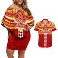 Personalized Gold Coast Suns Couples Matching Off Shoulder Short Dress and Hawaiian Shirt Polynesian Tribal Pattern Heritage Football