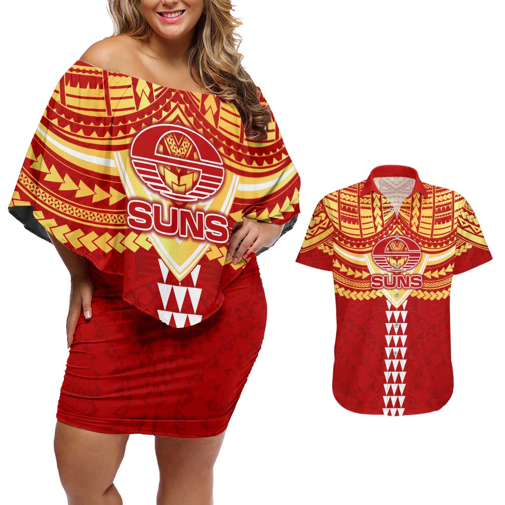Personalized Gold Coast Suns Couples Matching Off Shoulder Short Dress and Hawaiian Shirt Polynesian Tribal Pattern Heritage Football