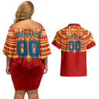 Personalized Gold Coast Suns Couples Matching Off Shoulder Short Dress and Hawaiian Shirt Polynesian Tribal Pattern Heritage Football