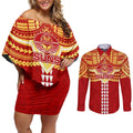 Personalized Gold Coast Suns Couples Matching Off Shoulder Short Dress and Long Sleeve Button Shirt Polynesian Tribal Pattern Heritage Football