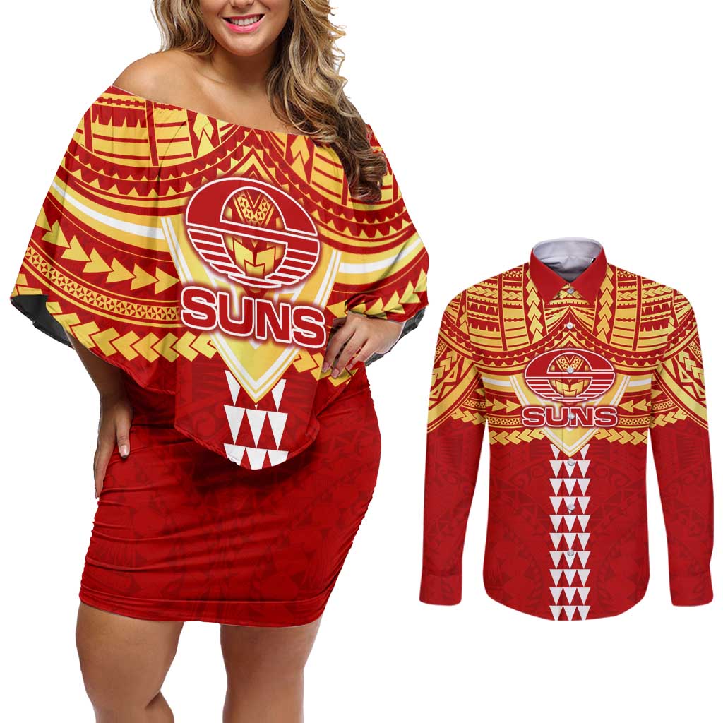 Personalized Gold Coast Suns Couples Matching Off Shoulder Short Dress and Long Sleeve Button Shirt Polynesian Tribal Pattern Heritage Football