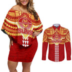 Personalized Gold Coast Suns Couples Matching Off Shoulder Short Dress and Long Sleeve Button Shirt Polynesian Tribal Pattern Heritage Football