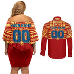 Personalized Gold Coast Suns Couples Matching Off Shoulder Short Dress and Long Sleeve Button Shirt Polynesian Tribal Pattern Heritage Football