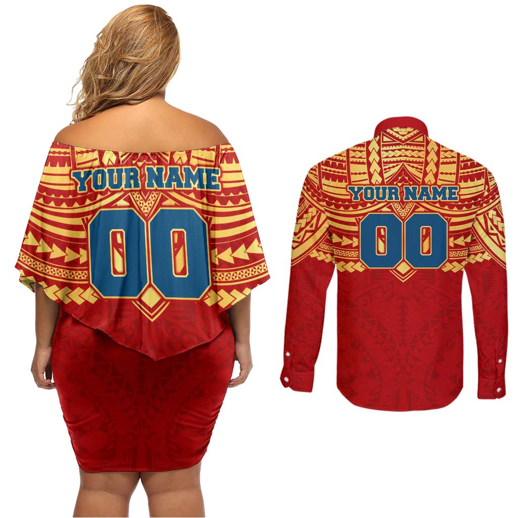 Personalized Gold Coast Suns Couples Matching Off Shoulder Short Dress and Long Sleeve Button Shirt Polynesian Tribal Pattern Heritage Football