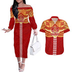 Personalized Gold Coast Suns Couples Matching Off The Shoulder Long Sleeve Dress and Hawaiian Shirt Polynesian Tribal Pattern Heritage Football