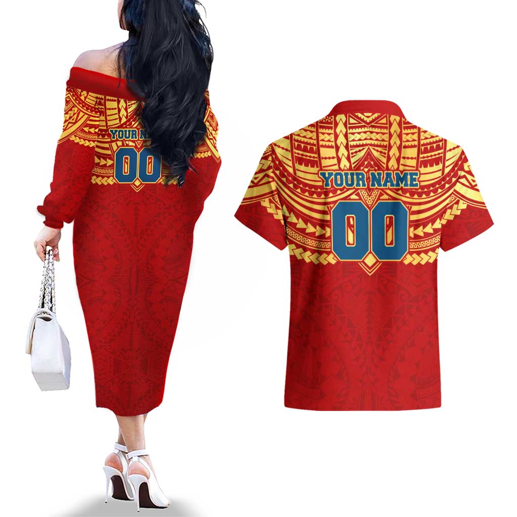 Personalized Gold Coast Suns Couples Matching Off The Shoulder Long Sleeve Dress and Hawaiian Shirt Polynesian Tribal Pattern Heritage Football