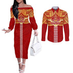 Personalized Gold Coast Suns Couples Matching Off The Shoulder Long Sleeve Dress and Long Sleeve Button Shirt Polynesian Tribal Pattern Heritage Football