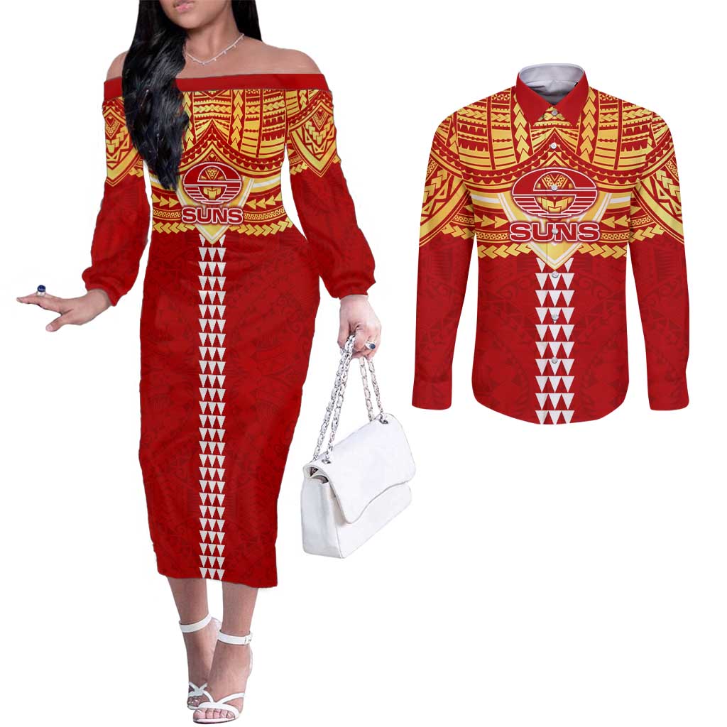 Personalized Gold Coast Suns Couples Matching Off The Shoulder Long Sleeve Dress and Long Sleeve Button Shirt Polynesian Tribal Pattern Heritage Football