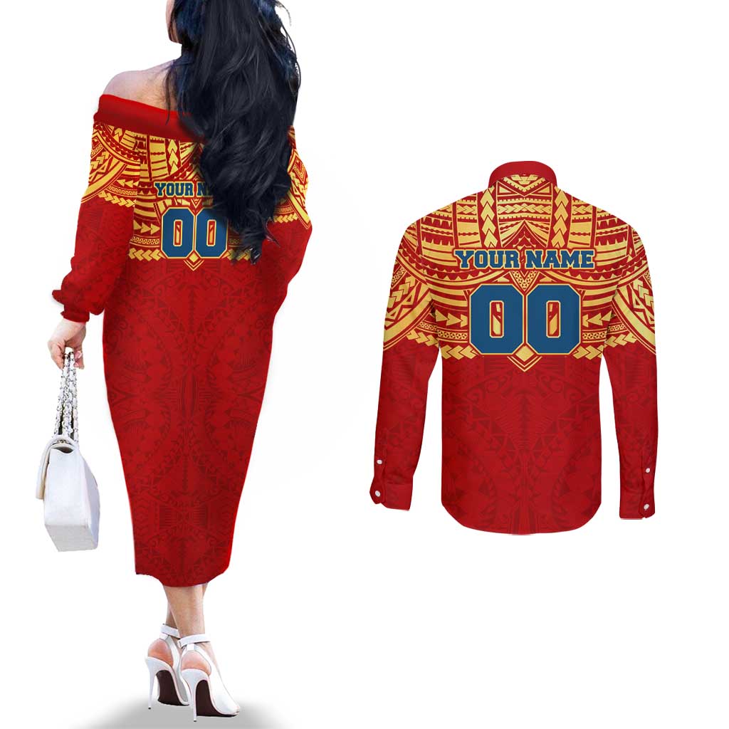 Personalized Gold Coast Suns Couples Matching Off The Shoulder Long Sleeve Dress and Long Sleeve Button Shirt Polynesian Tribal Pattern Heritage Football