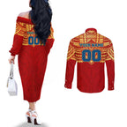 Personalized Gold Coast Suns Couples Matching Off The Shoulder Long Sleeve Dress and Long Sleeve Button Shirt Polynesian Tribal Pattern Heritage Football