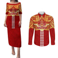 Personalized Gold Coast Suns Couples Matching Puletasi and Long Sleeve Button Shirt Polynesian Tribal Pattern Heritage Football