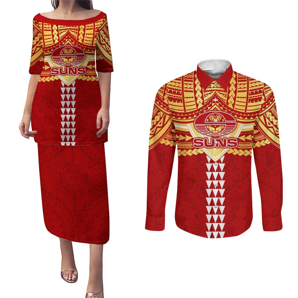 Personalized Gold Coast Suns Couples Matching Puletasi and Long Sleeve Button Shirt Polynesian Tribal Pattern Heritage Football