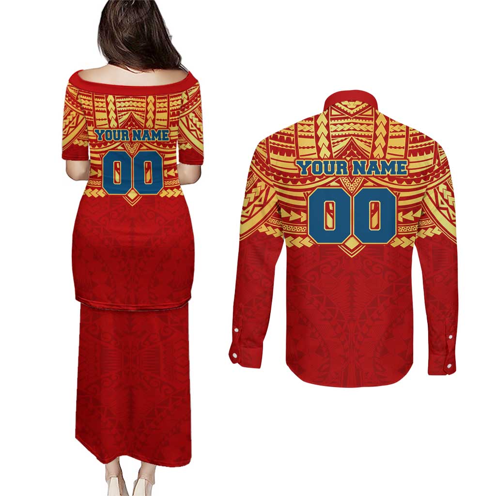Personalized Gold Coast Suns Couples Matching Puletasi and Long Sleeve Button Shirt Polynesian Tribal Pattern Heritage Football