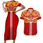 Personalized Gold Coast Suns Couples Matching Short Sleeve Bodycon Dress and Hawaiian Shirt Polynesian Tribal Pattern Heritage Football