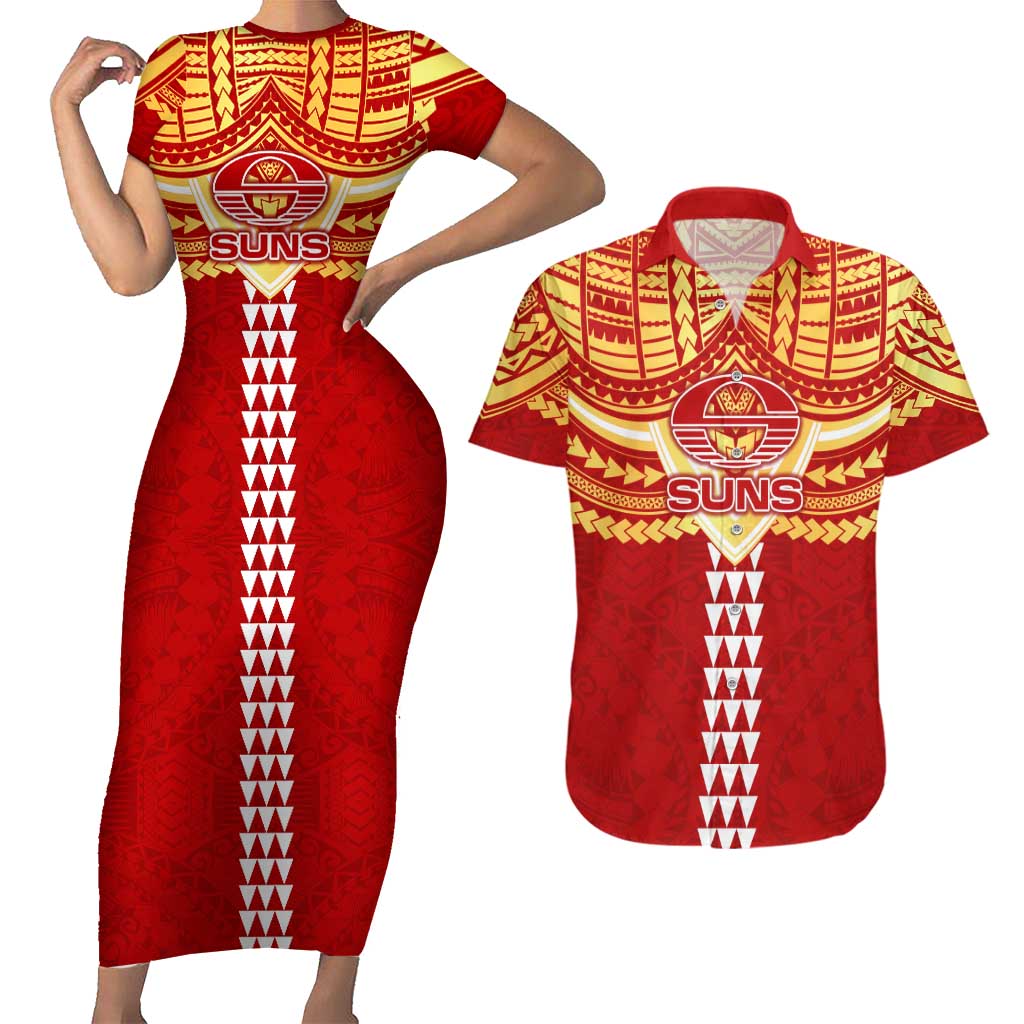 Personalized Gold Coast Suns Couples Matching Short Sleeve Bodycon Dress and Hawaiian Shirt Polynesian Tribal Pattern Heritage Football