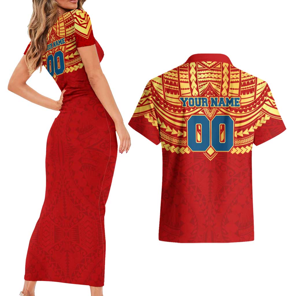 Personalized Gold Coast Suns Couples Matching Short Sleeve Bodycon Dress and Hawaiian Shirt Polynesian Tribal Pattern Heritage Football