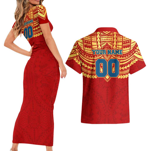 Personalized Gold Coast Suns Couples Matching Short Sleeve Bodycon Dress and Hawaiian Shirt Polynesian Tribal Pattern Heritage Football