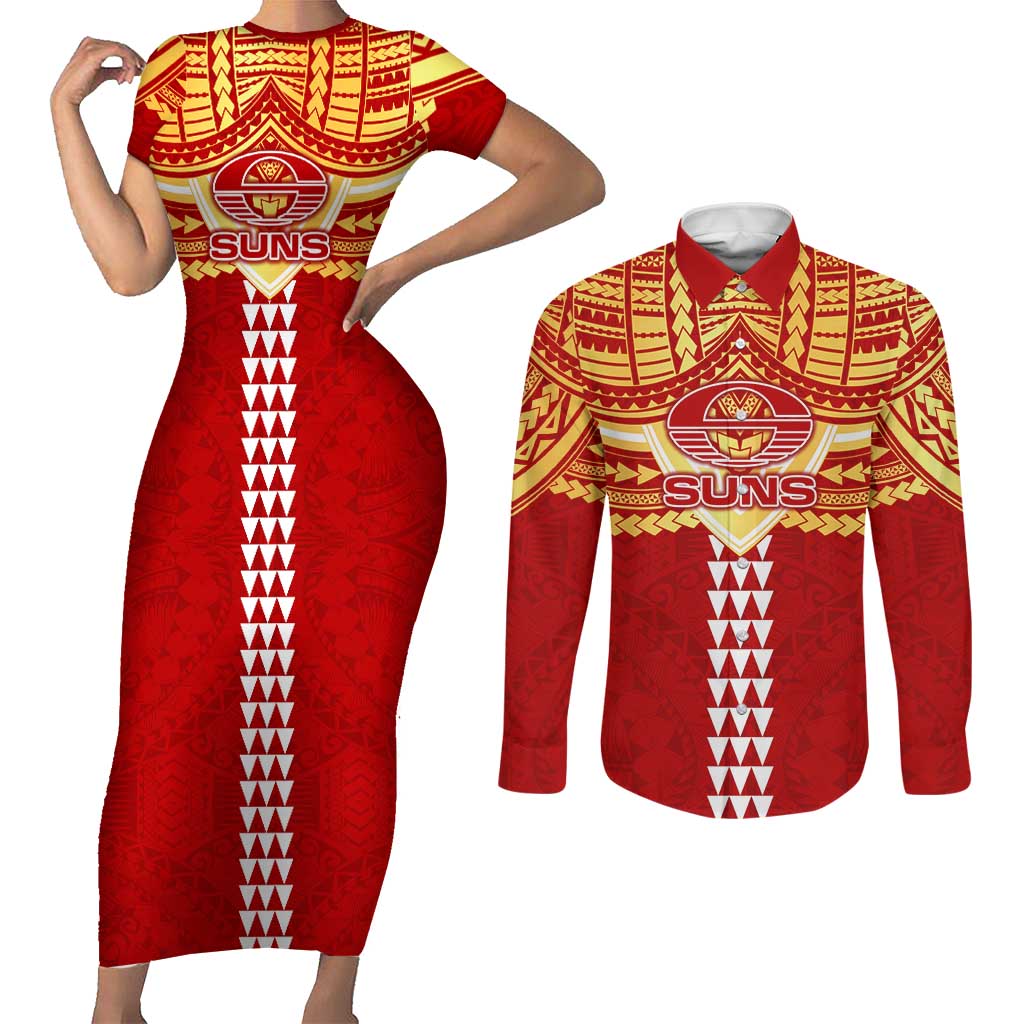 Personalized Gold Coast Suns Couples Matching Short Sleeve Bodycon Dress and Long Sleeve Button Shirt Polynesian Tribal Pattern Heritage Football