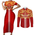 Personalized Gold Coast Suns Couples Matching Short Sleeve Bodycon Dress and Long Sleeve Button Shirt Polynesian Tribal Pattern Heritage Football