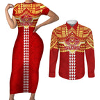 Personalized Gold Coast Suns Couples Matching Short Sleeve Bodycon Dress and Long Sleeve Button Shirt Polynesian Tribal Pattern Heritage Football