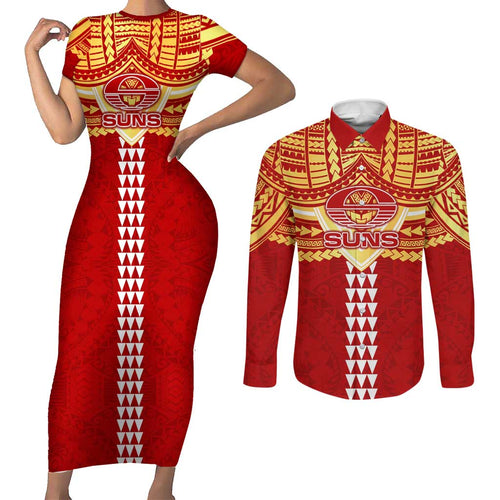 Personalized Gold Coast Suns Couples Matching Short Sleeve Bodycon Dress and Long Sleeve Button Shirt Polynesian Tribal Pattern Heritage Football