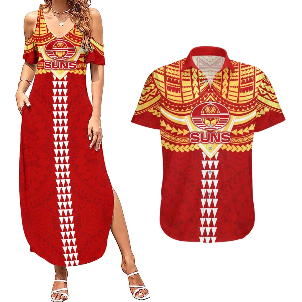 Personalized Gold Coast Suns Couples Matching Summer Maxi Dress and Hawaiian Shirt Polynesian Tribal Pattern Heritage Football