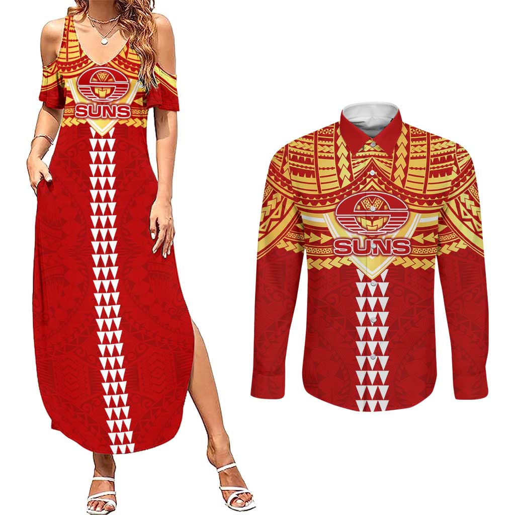 Personalized Gold Coast Suns Couples Matching Summer Maxi Dress and Long Sleeve Button Shirt Polynesian Tribal Pattern Heritage Football