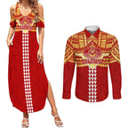Personalized Gold Coast Suns Couples Matching Summer Maxi Dress and Long Sleeve Button Shirt Polynesian Tribal Pattern Heritage Football