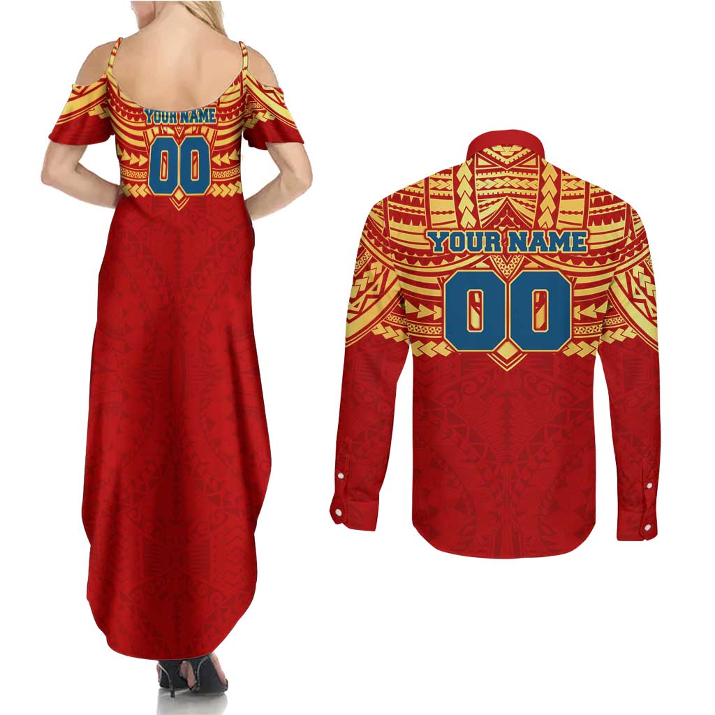 Personalized Gold Coast Suns Couples Matching Summer Maxi Dress and Long Sleeve Button Shirt Polynesian Tribal Pattern Heritage Football