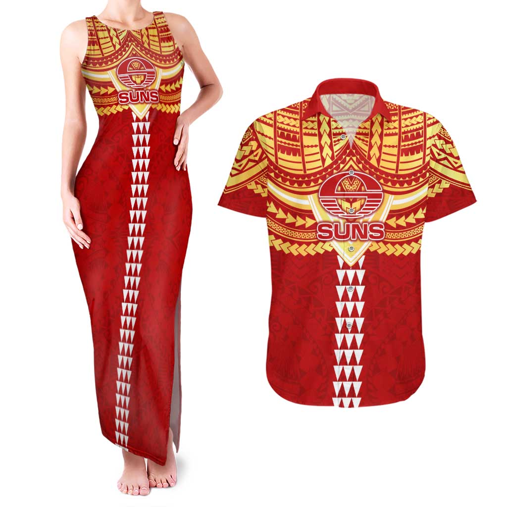 Personalized Gold Coast Suns Couples Matching Tank Maxi Dress and Hawaiian Shirt Polynesian Tribal Pattern Heritage Football