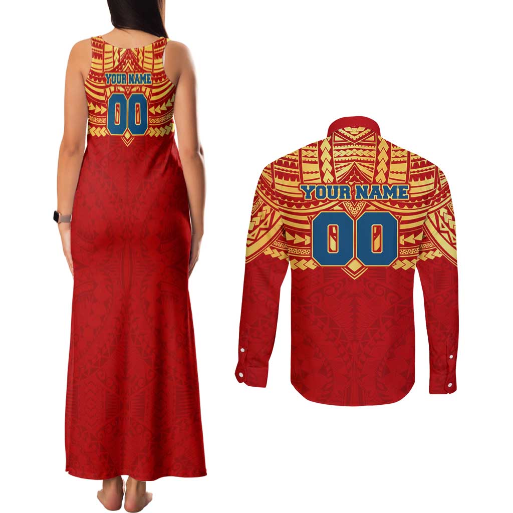 Personalized Gold Coast Suns Couples Matching Tank Maxi Dress and Long Sleeve Button Shirt Polynesian Tribal Pattern Heritage Football