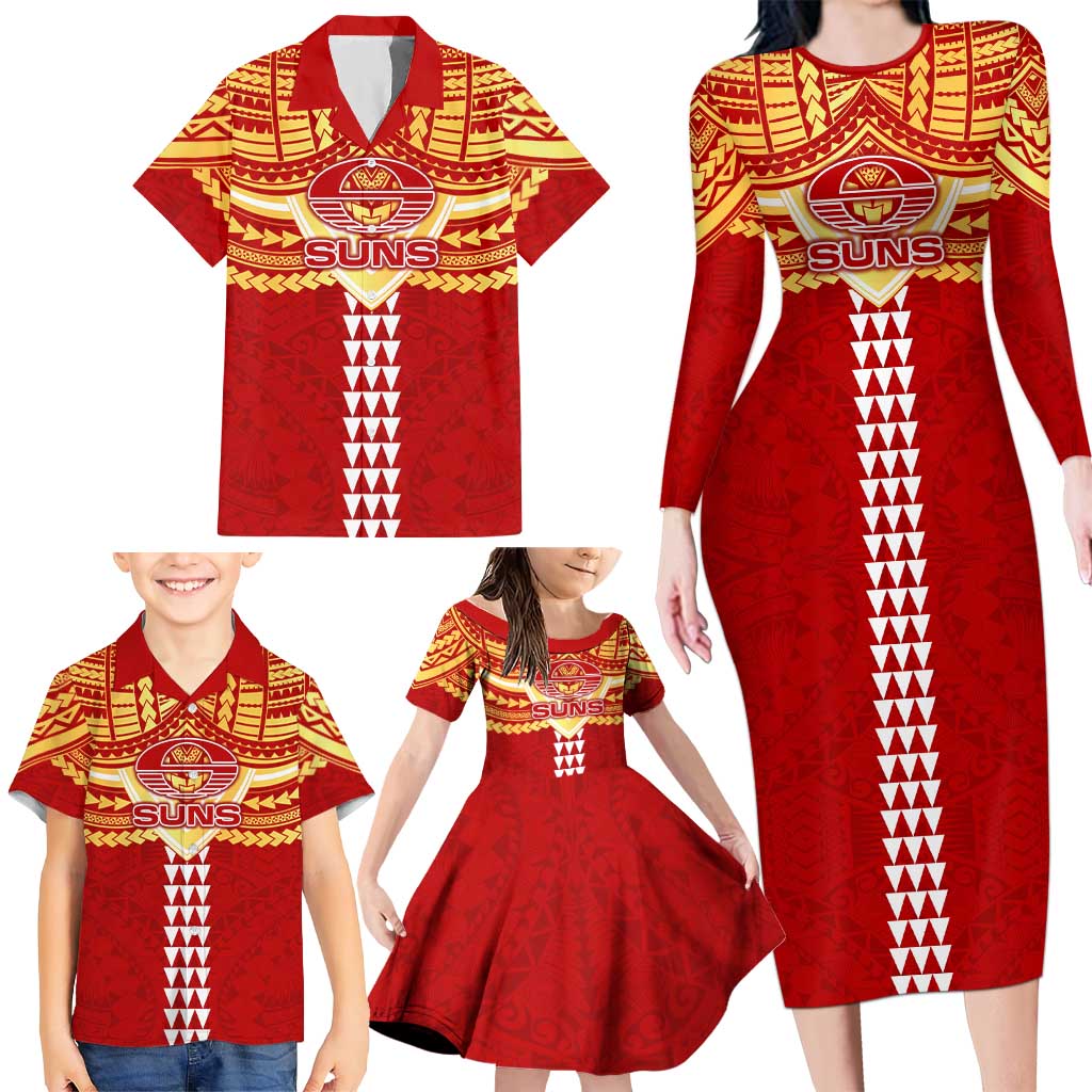 Personalized Gold Coast Suns Family Matching Long Sleeve Bodycon Dress and Hawaiian Shirt Polynesian Tribal Pattern Heritage Football