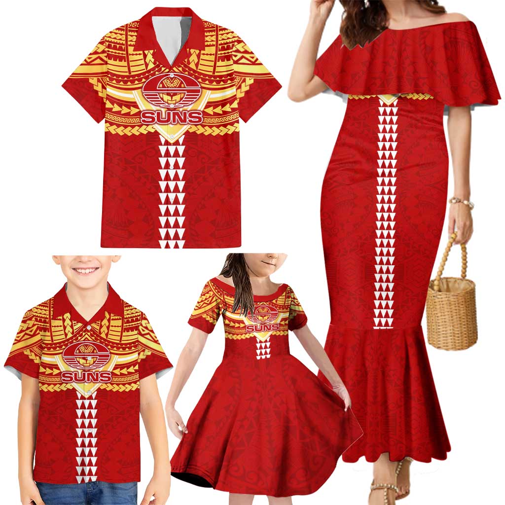 Personalized Gold Coast Suns Family Matching Mermaid Dress and Hawaiian Shirt Polynesian Tribal Pattern Heritage Football