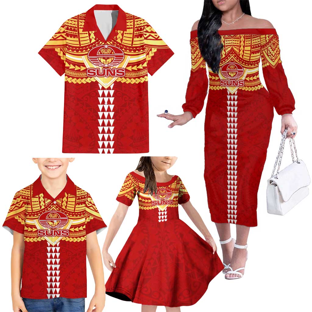 Personalized Gold Coast Suns Family Matching Off The Shoulder Long Sleeve Dress and Hawaiian Shirt Polynesian Tribal Pattern Heritage Football