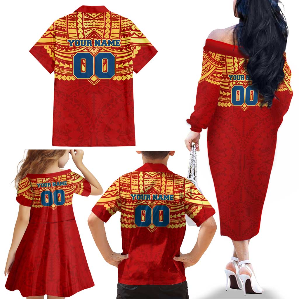 Personalized Gold Coast Suns Family Matching Off The Shoulder Long Sleeve Dress and Hawaiian Shirt Polynesian Tribal Pattern Heritage Football