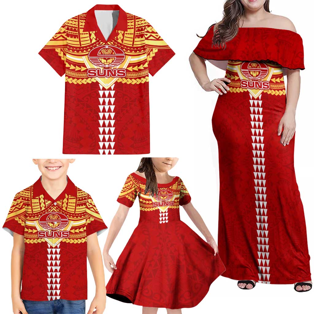 Personalized Gold Coast Suns Family Matching Off Shoulder Maxi Dress and Hawaiian Shirt Polynesian Tribal Pattern Heritage Football