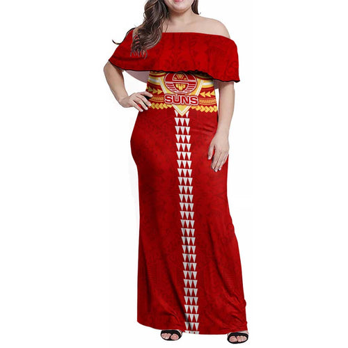 Personalized Gold Coast Suns Family Matching Off Shoulder Maxi Dress and Hawaiian Shirt Polynesian Tribal Pattern Heritage Football