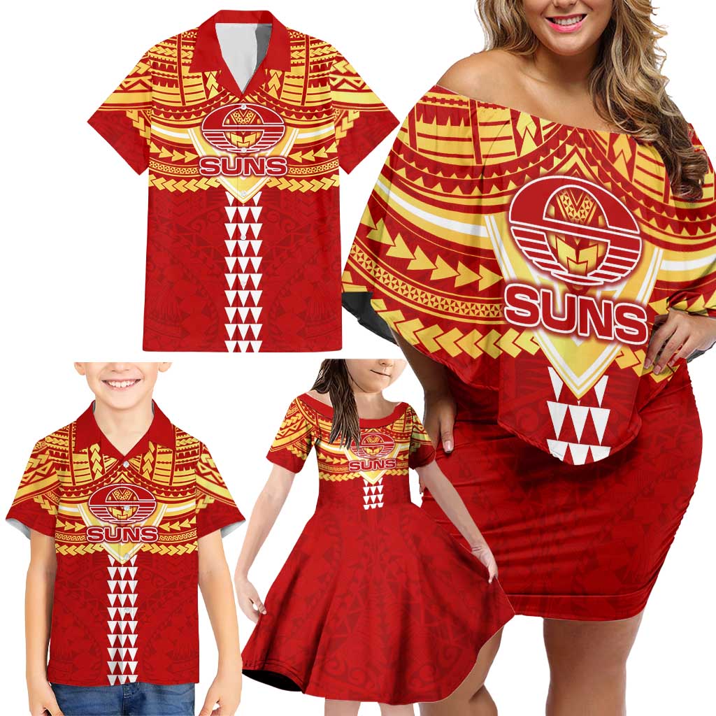 Personalized Gold Coast Suns Family Matching Off Shoulder Short Dress and Hawaiian Shirt Polynesian Tribal Pattern Heritage Football